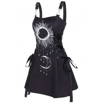 

Celestial Sun Moon Print Mini Dress Lace Up A Line Dress D Ring Backless Dress, Black