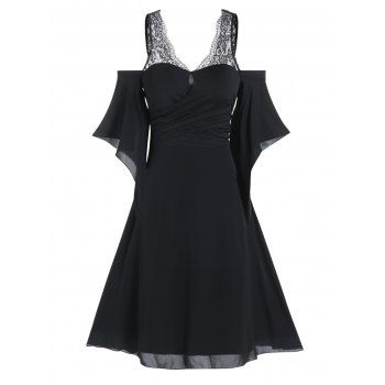 Gothic Dress Cold Shoulder Flower Lace Insert Crossover A Line Dress Butterfly Sleeve V Neck Mini Dress