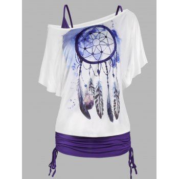 

Vacation Feather Sunflower Print Dream Catcher T Shirt and Cinched Cami Top Two Piece Set, Purple