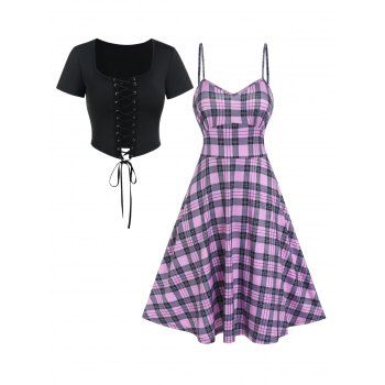 

Lace Up Short Sleeve Top And Plaid Pattern A Line Cami Dress Two Piece Set, Purple