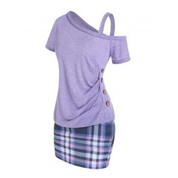 

Plaid Print Blouson Dress Skew Collar Cold Shoulder Mini Dress Mock Button Plaid Combo Dress, Light purple