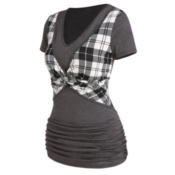 

Casual Faux Twinset T Shirt Plaid Print Ruched Twisted V Neck Summer Twofer Tee, Dark gray