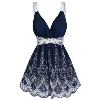 

Summer Tank Top Leaf Print Tank Top Lace Panel Plunge Neck Tank Top, Deep blue