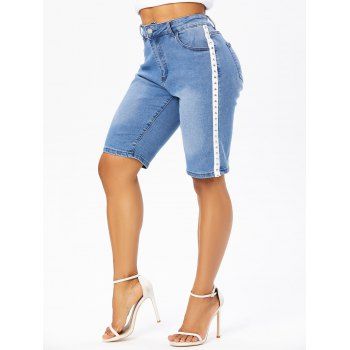 

Casual Knee Length Jeans Zipper Fly Pockets Rivet Skinny Summer Denim Pants, Light blue