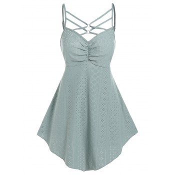 

Casual Tank Top Ruched Crisscross Empire Waist Eyelet Solid Color Summer Top, Green