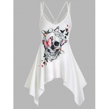 

Gothic Sundress Skull Butterfly Print Dress Asymmetrical Hem Straps Cut Out Handkerchief Summer Mini Dress, Multicolor