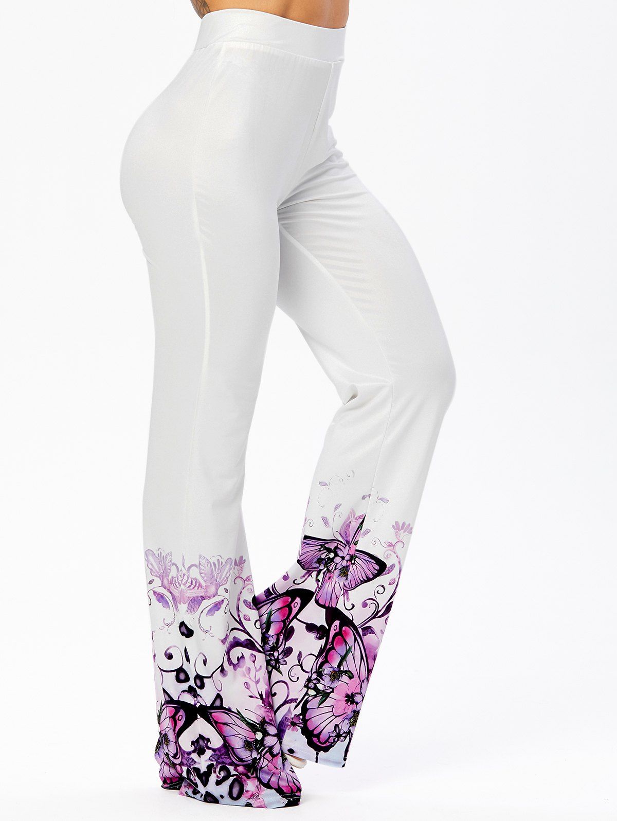 Pantalon Décontracté Long à Imprimé Papillon Jambe Large à Taille Haute Elastique - Blanc L