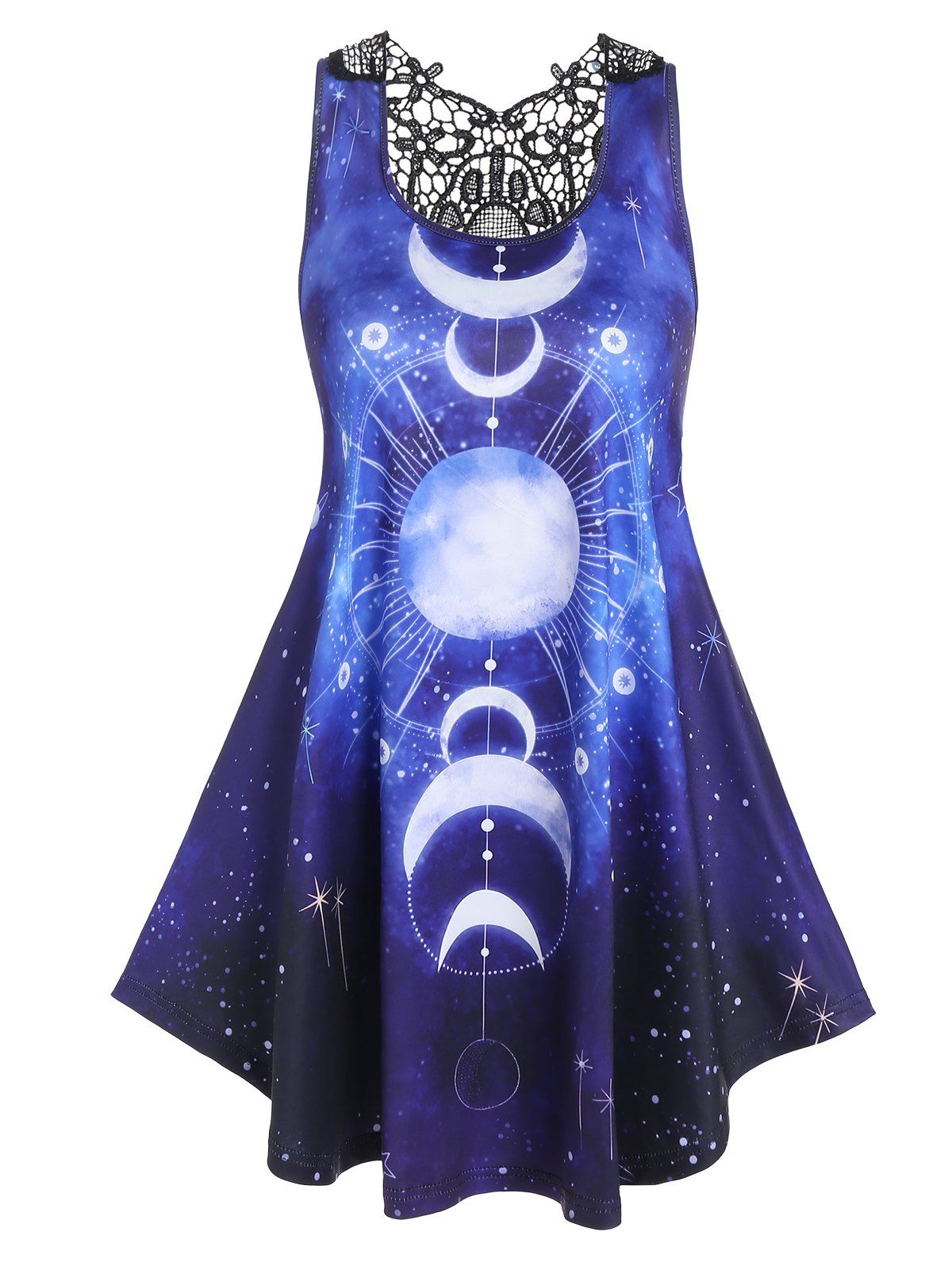 Casual Tank Top Sun Moon Galaxy Print Tank Top Lace Hollow Out Summer Top - DEEP BLUE XL