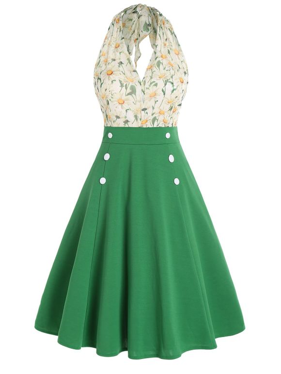 Robe Mi-longue sans Manches Boutonnée à Imprimé Feuille et Fleur à Taille Haute en Ligne A - Vert 2XL