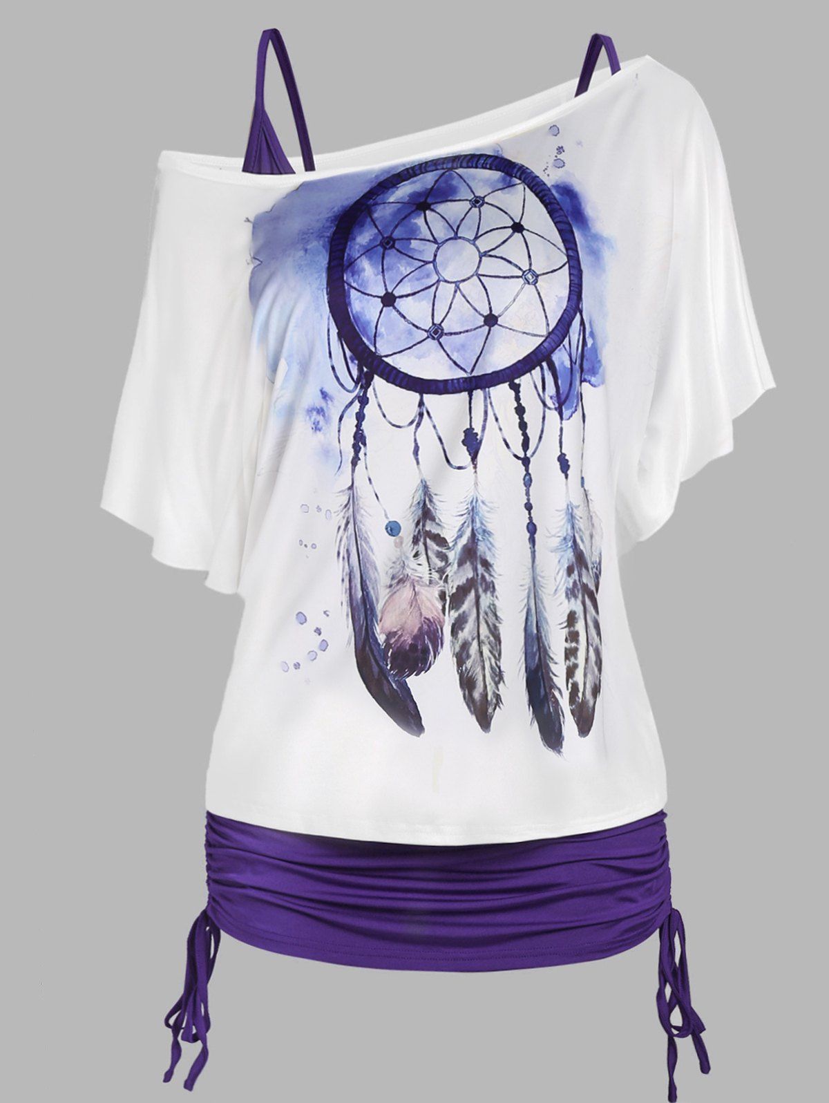Vacation Feather Sunflower Print Dream Catcher T Shirt and Cinched Cami Top Two Piece Set - PURPLE XXL