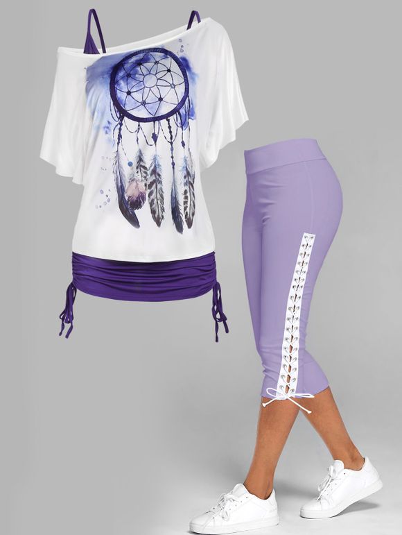 Ensemble Top D'Eté à Imprimé Plume en Blocs de Couleurs et Legging Corsaire Moulant à Lacets - Pourpre S