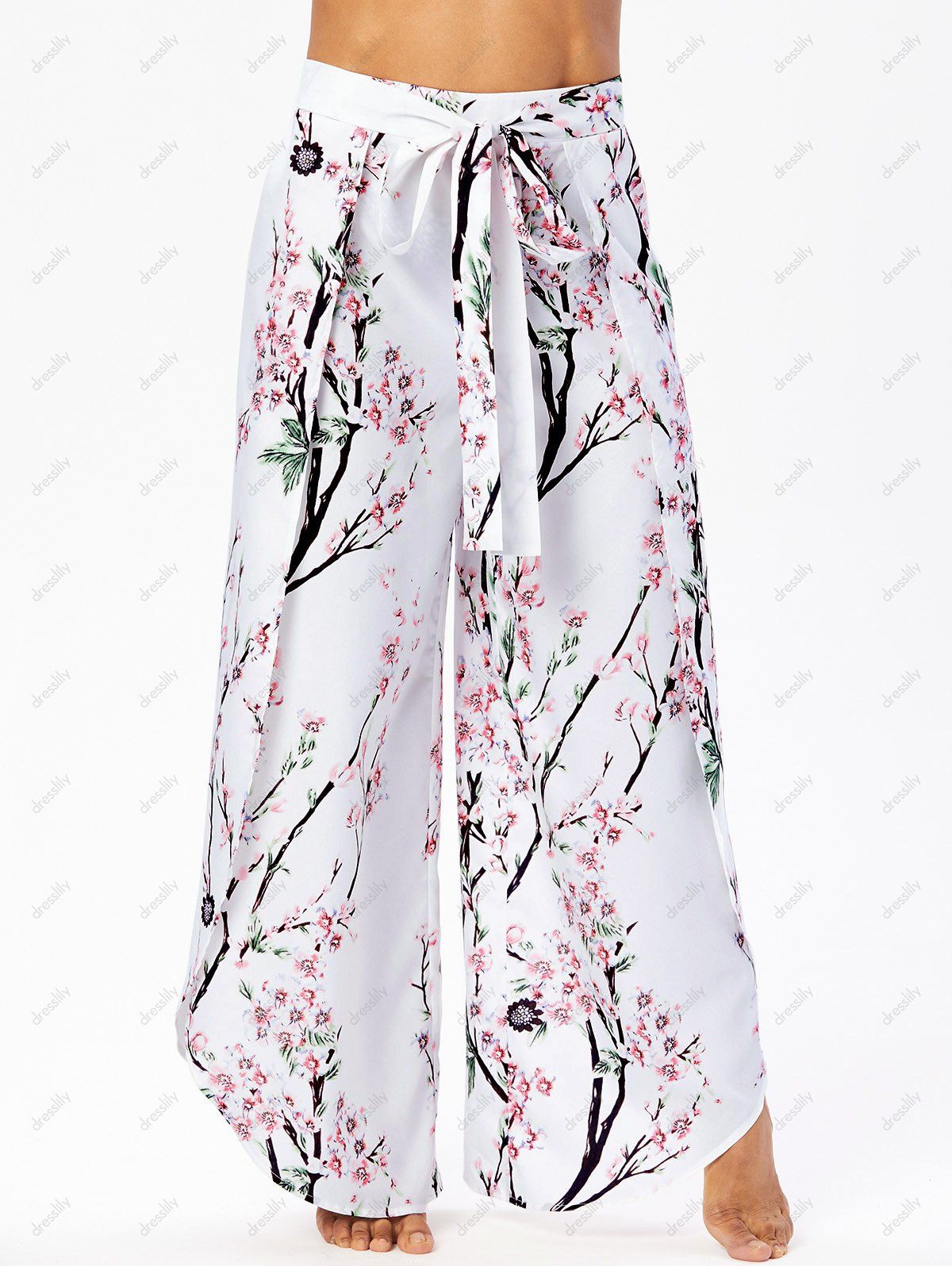Casual Pants Floral Pants Peach Blossom Print Slit Self Belted Wide Leg Elastic Waist Vacation Pants 
