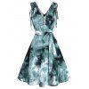 Ocean Tie Dye Print Mini Dress knotted Cinched Straps A Line Dress Mock Button V Back Ruched Sleeveless Dress - GRAY XXXL