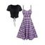 Lace Up Short Sleeve Top And Plaid Pattern A Line Cami Dress Two Piece Set - PURPLE XL