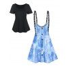 Plain Basic Short Sleeve Tee And Splash Painting Denim 3D Print Buckle Strap Dress Two Piece Set - BLUE XXXL