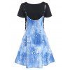 Plain Basic Short Sleeve Tee And Splash Painting Denim 3D Print Buckle Strap Dress Two Piece Set - BLUE XXXL