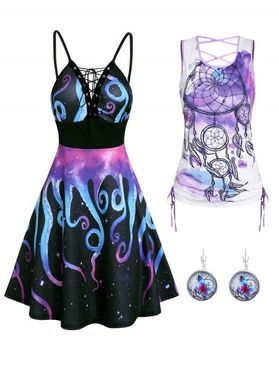 Galaxy Octopus Print Lace Up Dress Boho Dreamcatcher Cinched Tank Top And Butterfly Earrings Summer Outfit