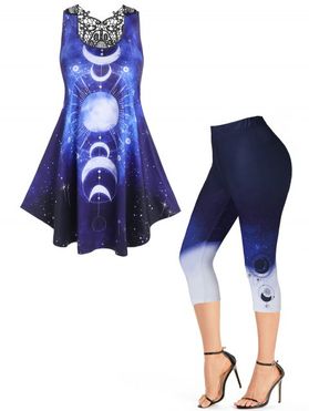 Sun Moon Galaxy Print Lace Hollow Out Tank Top and Capri Leggings Summer Casual Outfit