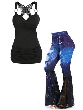 Ruched Butterfly Lace Cross O Ring Surplice Tank Top and Galaxy Moon Print Flare Pants Summer Casual Outfit