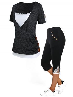 Contrast Colorblock Heather Mock Button T Shirt and Lace Applique Capri Leggings Summer Casual Outfit