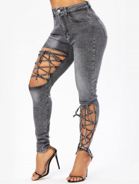 Lace Up Skinny Jeans Zipper Fly Pockets Hollow Out Casual Long Denim Pants