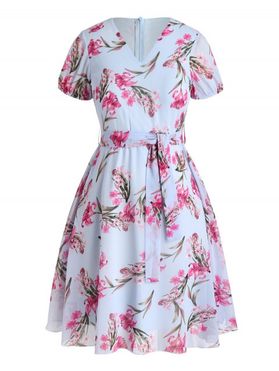 Plus Size & Curve Dress Leaf Floral Dress Mesh Belted Puff Sleeve A Line Midi Summer Casual Vacation Dress