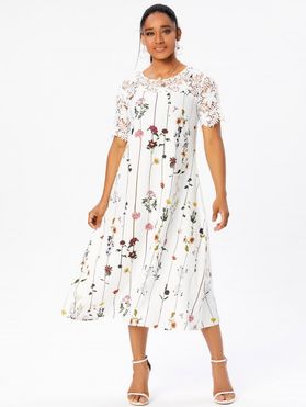 Casual Dress Striped Leaf Floral Dress Hollow Out Flower Lace Panel A Line Midi Summer Dress