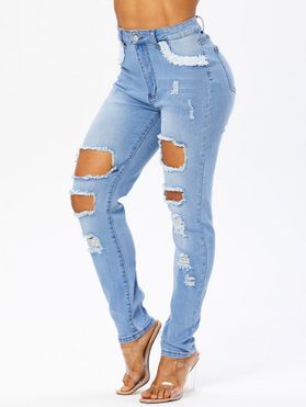 Skinny Jeans Ripped Mock Pockets Zipper Fly Light Wash Trendy Long Denim Pants
