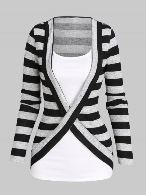 Contrast Stripe Pattern Knit Faux Twinset T Shirt Colorblock Crossover Long Sleeve 2 In 1 Tee