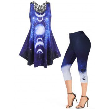 

Sun Moon Galaxy Print Lace Hollow Out Tank Top and Capri Leggings Summer Casual Outfit, Deep blue