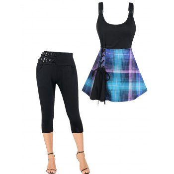 

Plaid Print Lace Up Mini Dress And Gothic Square Buckle High Waist Capri Leggings Summer Outfit, Multicolor