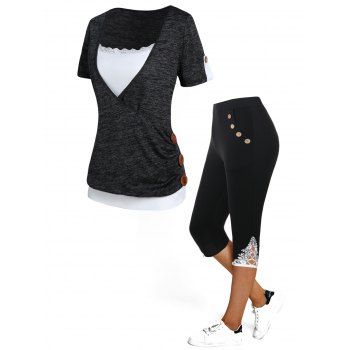 

Contrast Colorblock Heather Mock Button T Shirt and Lace Applique Capri Leggings Summer Casual Outfit, Black