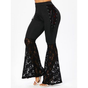 

Casual Flare Pants Rose Lace Panel Lace Up Colorblock Elatsic Waist Long Pants, Black