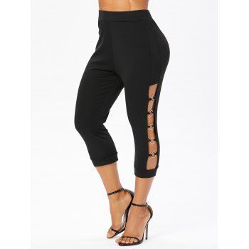 

Sporty Casual Capri Leggings Plain Color Hollow Out O Rings Elastic High Waist Leggings, Black