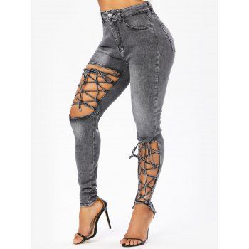 

Lace Up Skinny Jeans Zipper Fly Pockets Hollow Out Casual Long Denim Pants, Gray