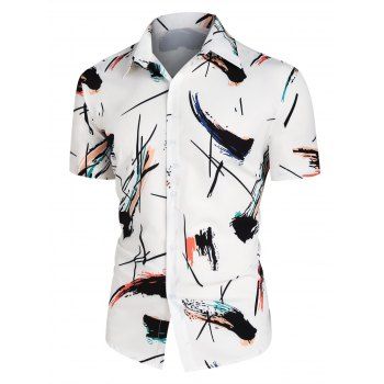 

Ink Painting Print Shirt Short Sleeve Summer Shirt Button Up Turndown Collar Shirt, White