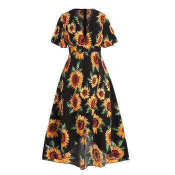

Plus Size & Curve Dress Sunflower Print Dress Plunging Neck Maxi High Low Summer Vacation Dress, Black
