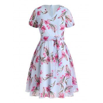 

Plus Size & Curve Dress Vacation Dress Leaf Floral Print Mesh Belted A Line Midi Dress, Light blue