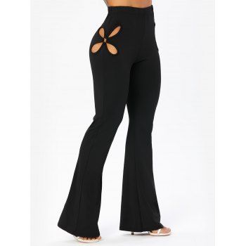 

Casual Flare Pants Flower Cut Out Solid Color Elastic Waist Long Pants, Black