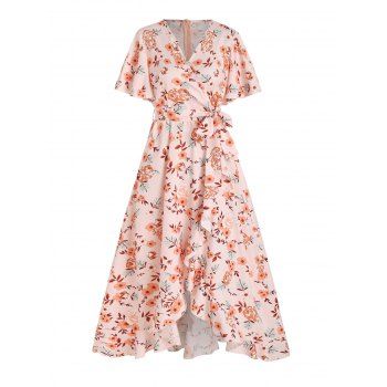 

Floral Dress Vacation Dress Belted Surplice Asymmetrical Hem A Line Midi Summer Dress, Light pink