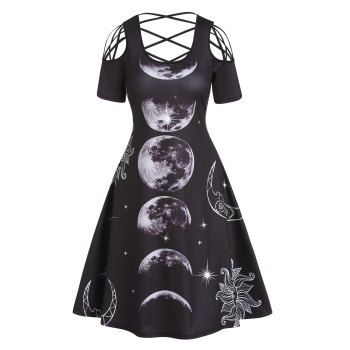 

Celestial Moon Phase Sun Print A Line Dress Cold Shoulder Crisscross Short Sleeve Mini Dress, Black