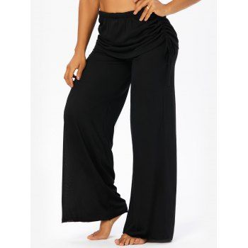 

Black Wide Leg Skirted Pants Cinched Elastic Waist Long Casual Pants