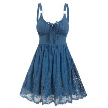 

Plus Size Dress Eyelet Flower Embroidery A Line Dress Lace Up O Ring Backless Sleeveless Curve Dress, Deep blue