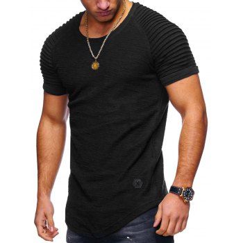 

Casual T Shirt Solid Color Pleated Applique Round Neck Short Reglan Sleeve Summer Tee, Black