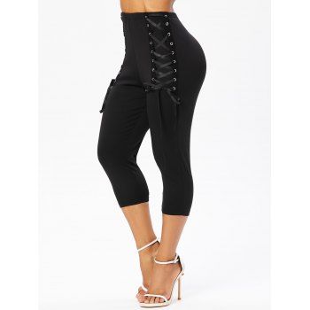 

Grommet Lace Up High Rise Capri Leggings, Black