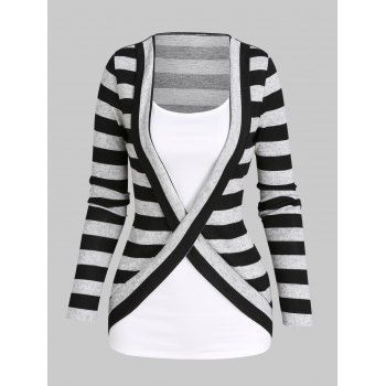 Contrast Stripe Pattern Knit Faux Twinset T Shirt Colorblock Crossover Long Sleeve 2 In 1 Tee