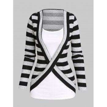 

Contrast Stripe Pattern Knit Faux Twinset T Shirt Colorblock Crossover Long Sleeve 2 In 1 Tee, Black