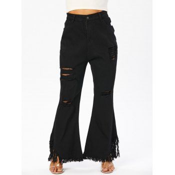 

Plus Size Jeans Flare Jeans Frayed Hem Distressed Zipper Fly Solid Color Pockets Casual Denim Pants, Black
