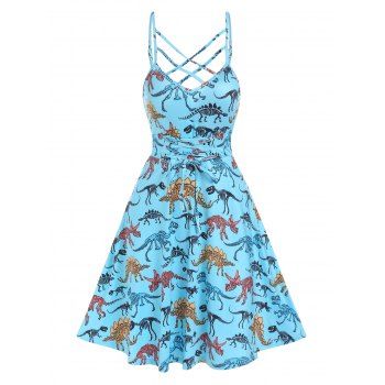 

Midi Dress Dinosaur Print Dress Crisscross Lace Up Empire Waisted Casual A Line Dress, Light blue