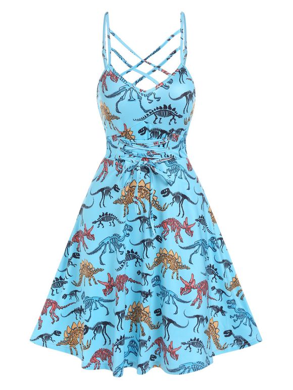 Midi Dress Dinosaur Print Dress Crisscross Lace Up Empire Waisted Casual A Line Dress - LIGHT BLUE XXL